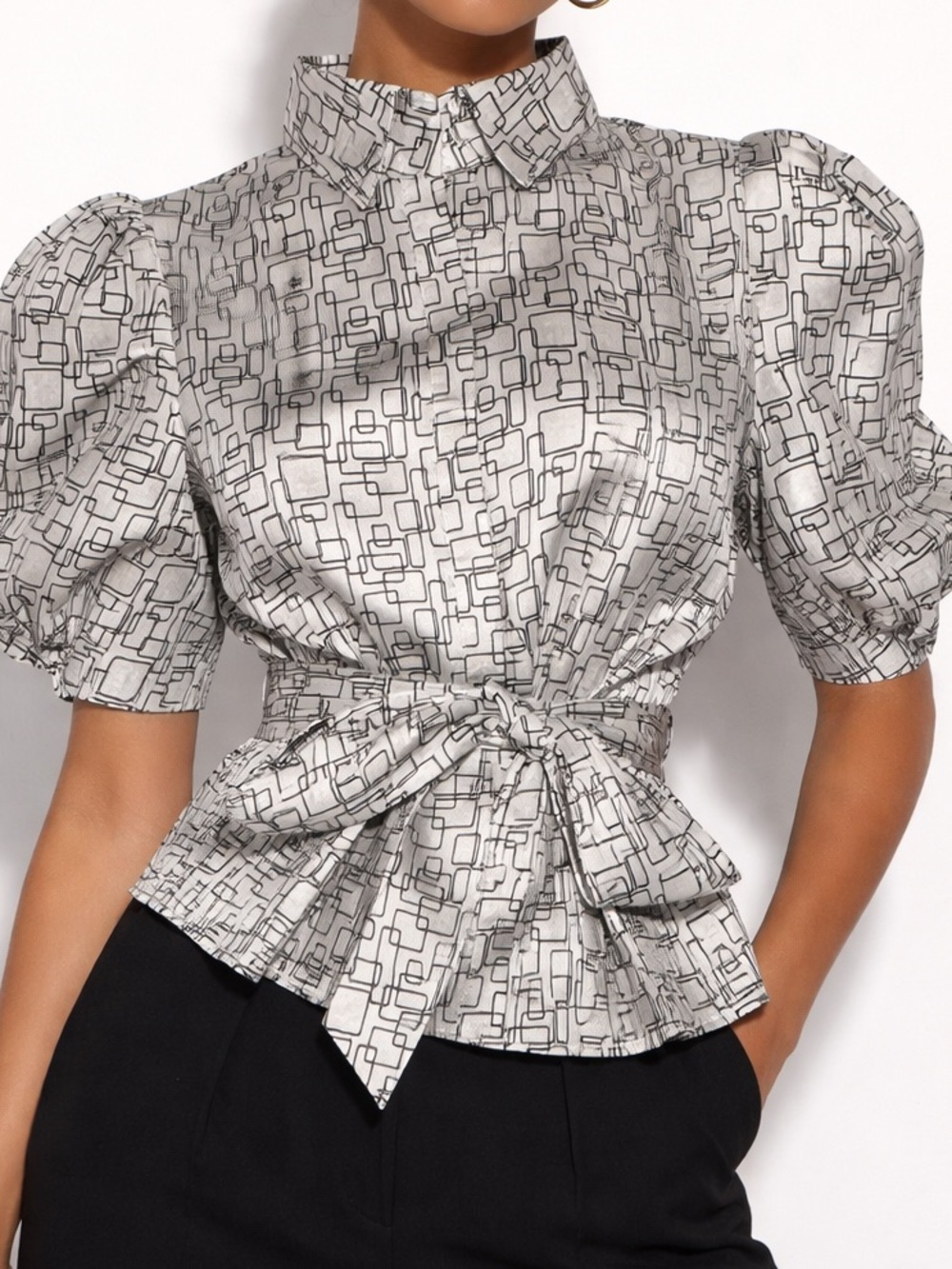 Heart Soul Abstract Print Puff Sleeve Tie Waist Blouse Small